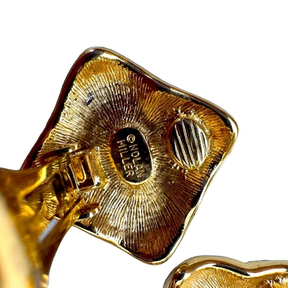 Nolan Miller Navy Blue and Clear Rhinestone Gold Square Clip On Earrings - Picture 5 of 5